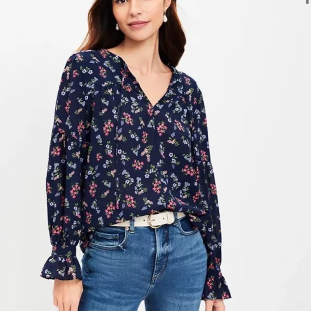 LOFT Navy Floral Blouse